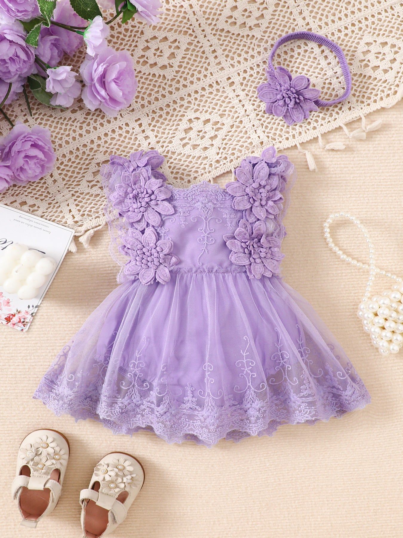 Trim Mesh Rompers Flower Romper Tulle Tutu Princess Dress Hair Jumpsuit, Climbing Suit