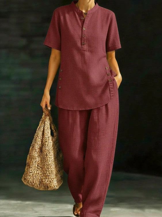 Button Shirt Wide Leg Linen Two-piece Fashion Casual Suit