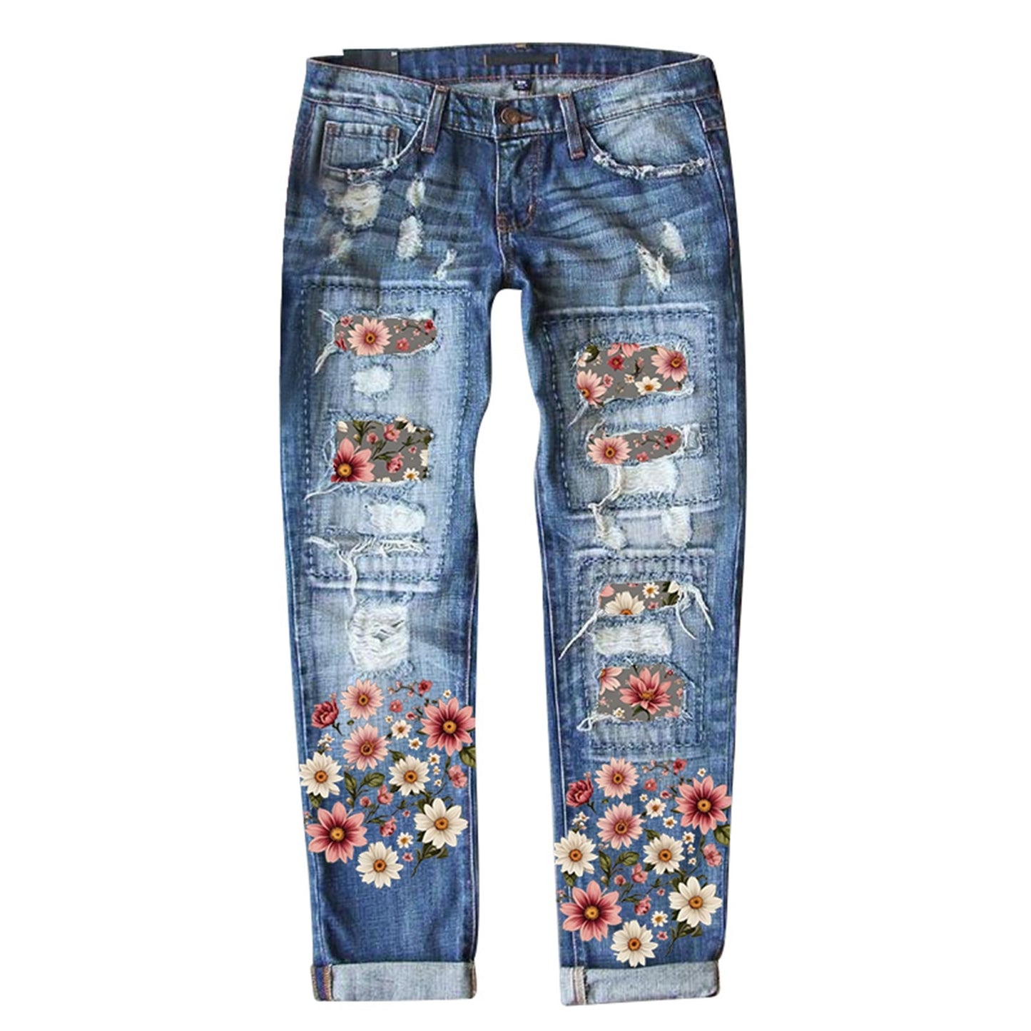 Women's Fashion Holes Printed Patch Washed Straight Jeans