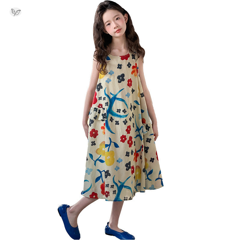 Children's Vest Vacation Style Beach Long Floral Children's Dress