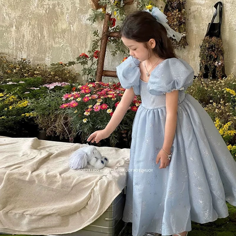 Summer Polka Dot Pearl Yarn Princess Puff Sleeve Swing Children's Dress