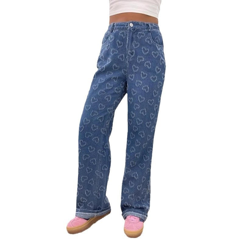 Spring Love Crocheted Washed Trousers High Waist Leisure Women's Jeans