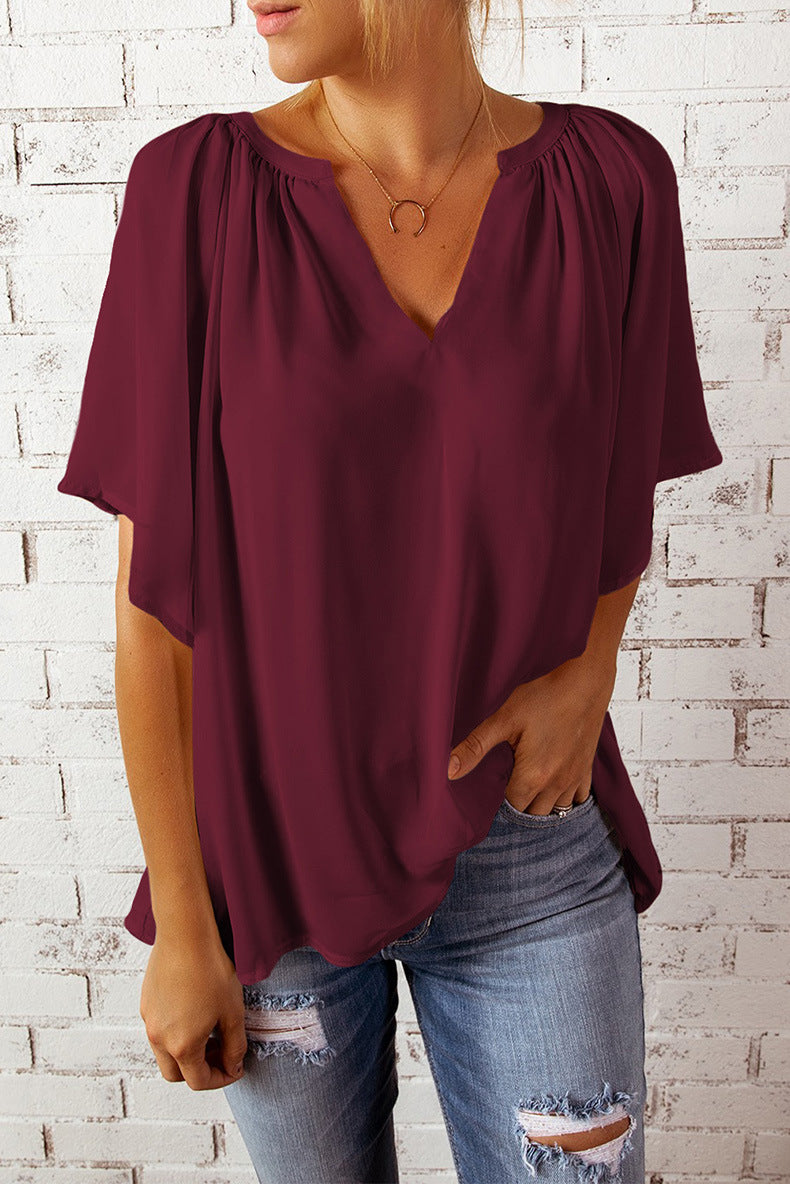 Women's Summer Loose Half Sleeve T-shirt Pullover Lace Shirt, Chiffon Shirt