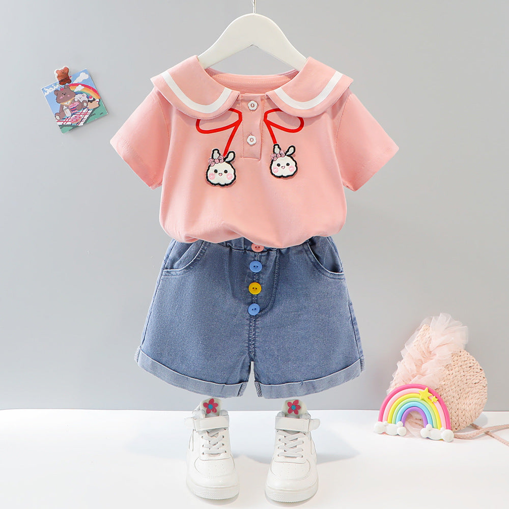Summer Cute Lapel Short Sleeve Casual Denim Shorts Children's Suit