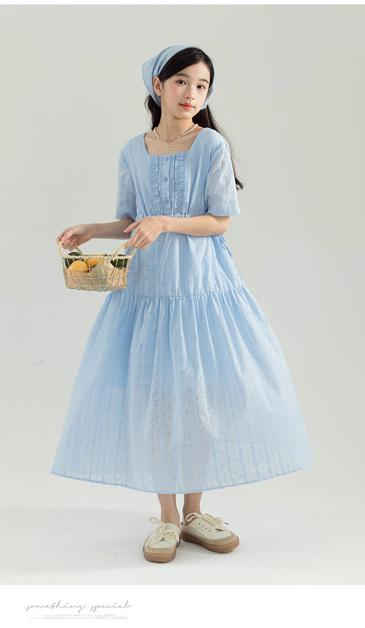 Large Summer French Square Collar Loose Artistic Mori Style Mid-length Children's Dress