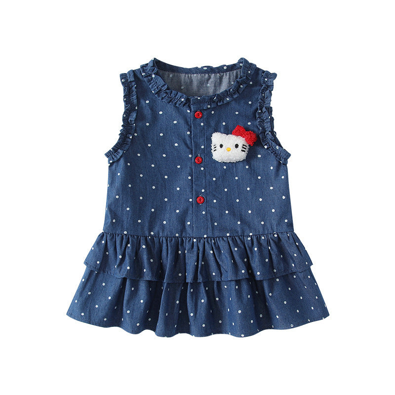 Children's Polka Dot Wooden Ear Skirt Cartoon Cat Princess Contrasting Red Children's Dress
