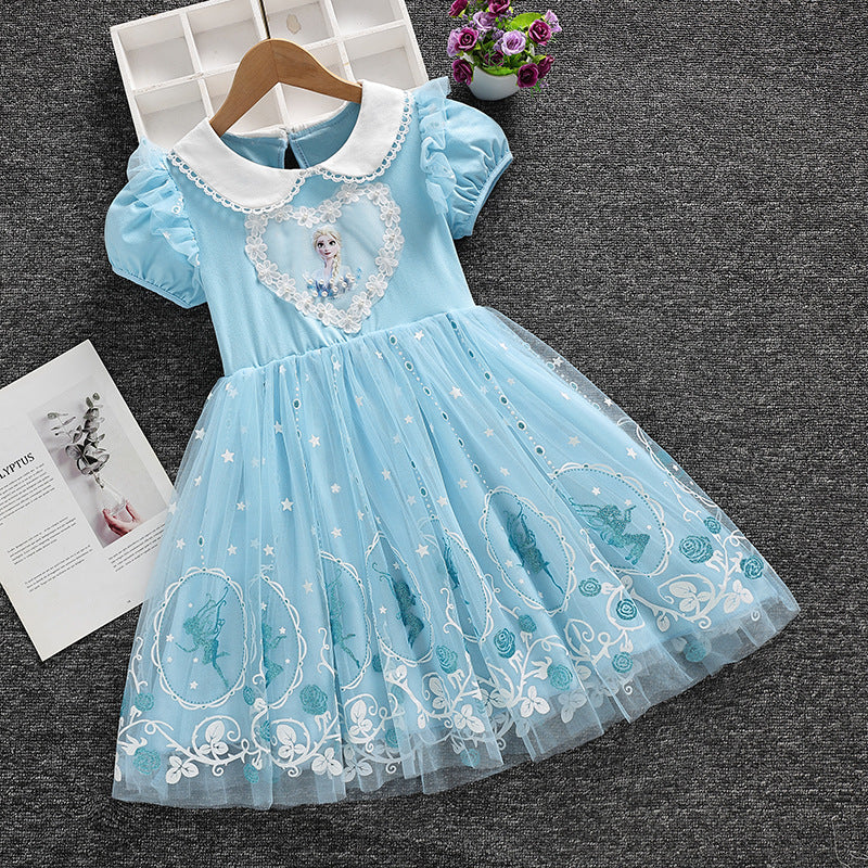 Frozen Elsa Summer Princess Skirt Short-sleeved Cotton Lace Children's Dress
