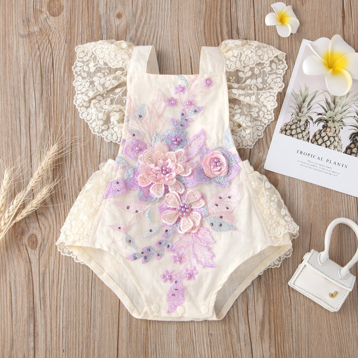 Children's Short Lace Mesh Flounced Sleeve Embroidered Pearl River Delta Jumpsuit, Climbing Suit