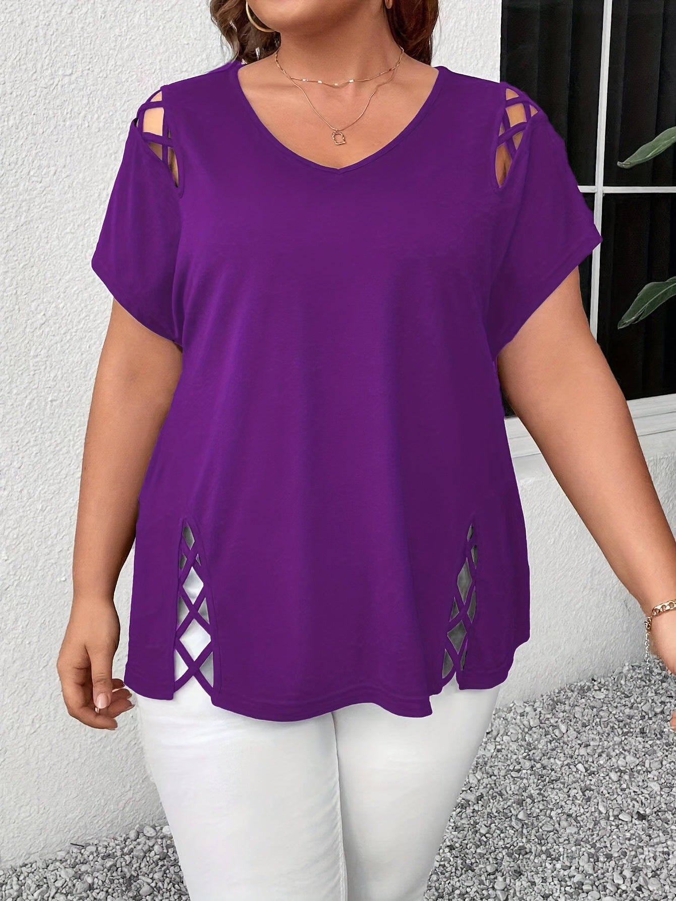 Women's Summer Solid Color Cross Sleeve Slimming Large Size T-shirt