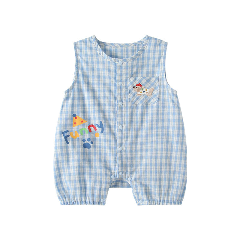 Refreshing Breathable Vest Jumpsuit Light Blue Plaid Single-breasted Jumpsuit, Climbing Suit