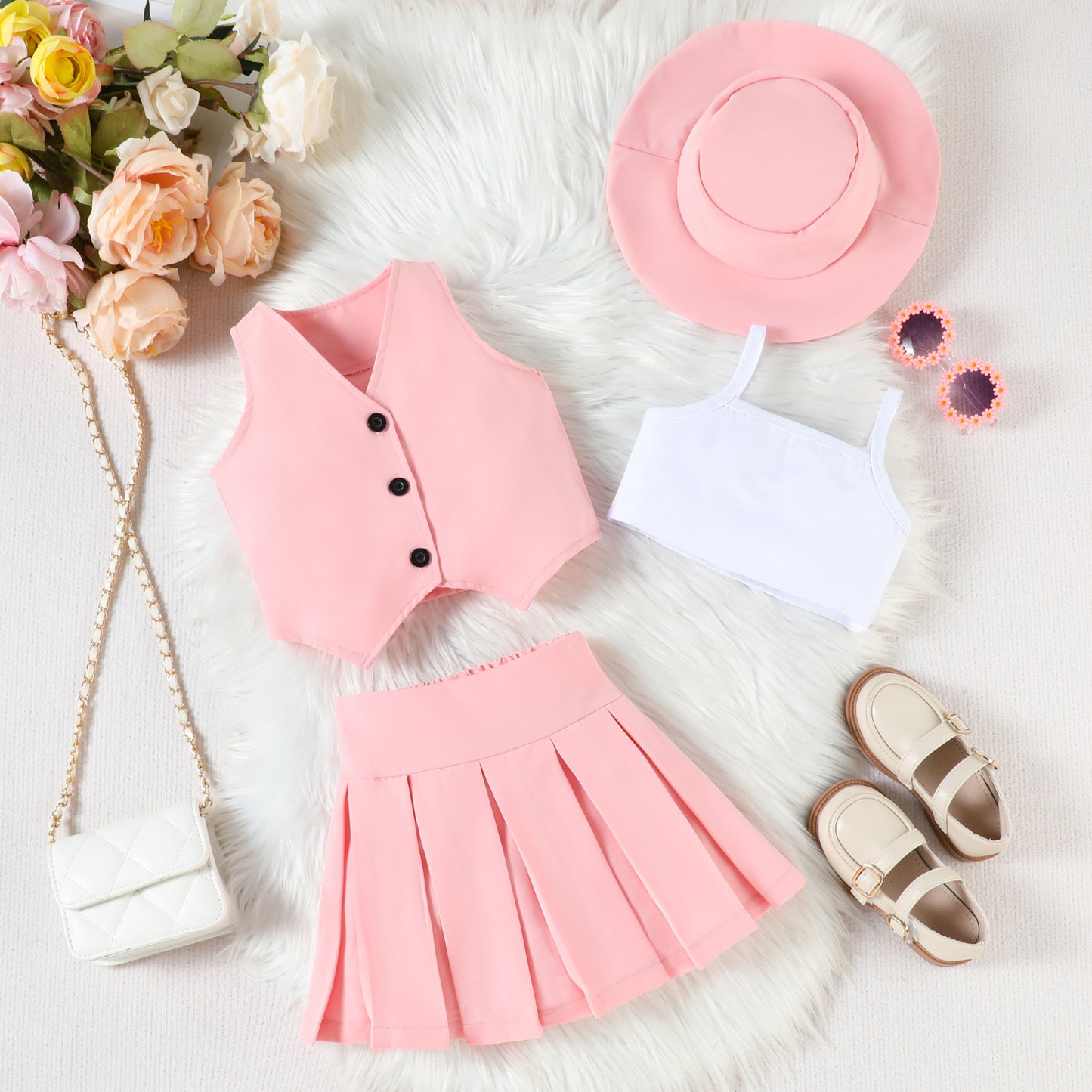 Fashion Single Breasted Vest Camisole Top Pleated Skirt Hat Children's Suit