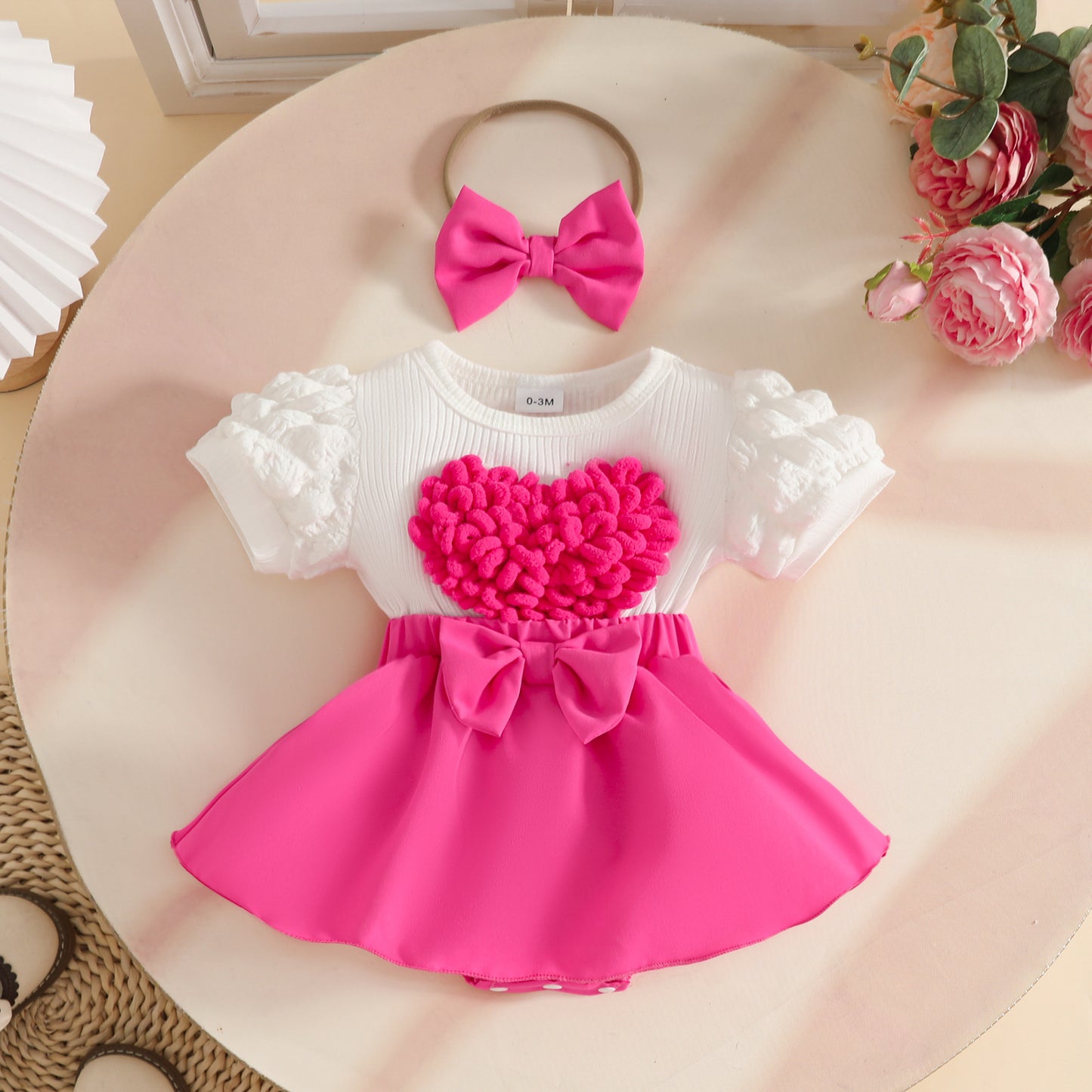 Sweet Three-dimensional Love Puff Sleeve Short-sleeved Summer Bow Jumpsuit With Children's Dress