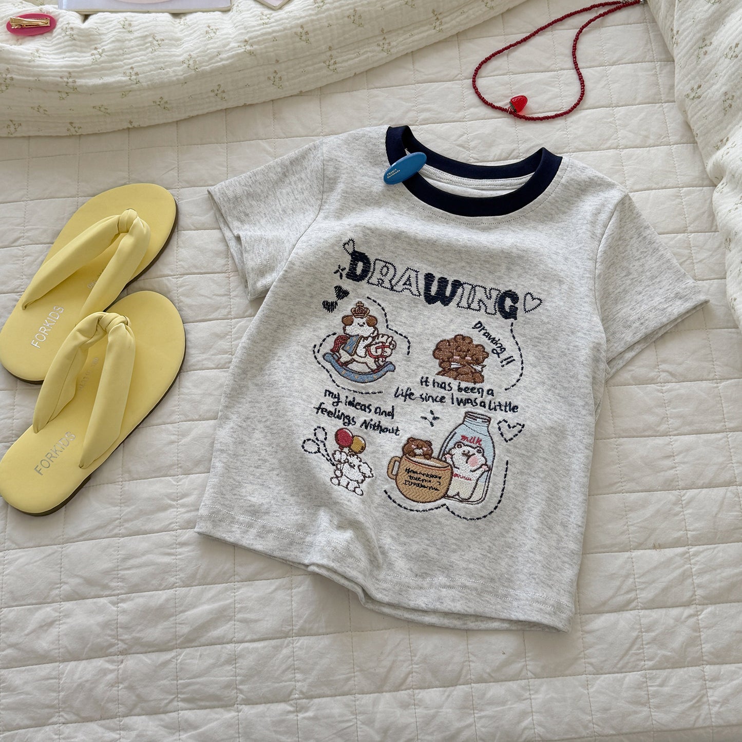 Short-sleeved Summer Cotton Cartoon Embroidered Top Contrast Color Round Neck Children's T-shirt