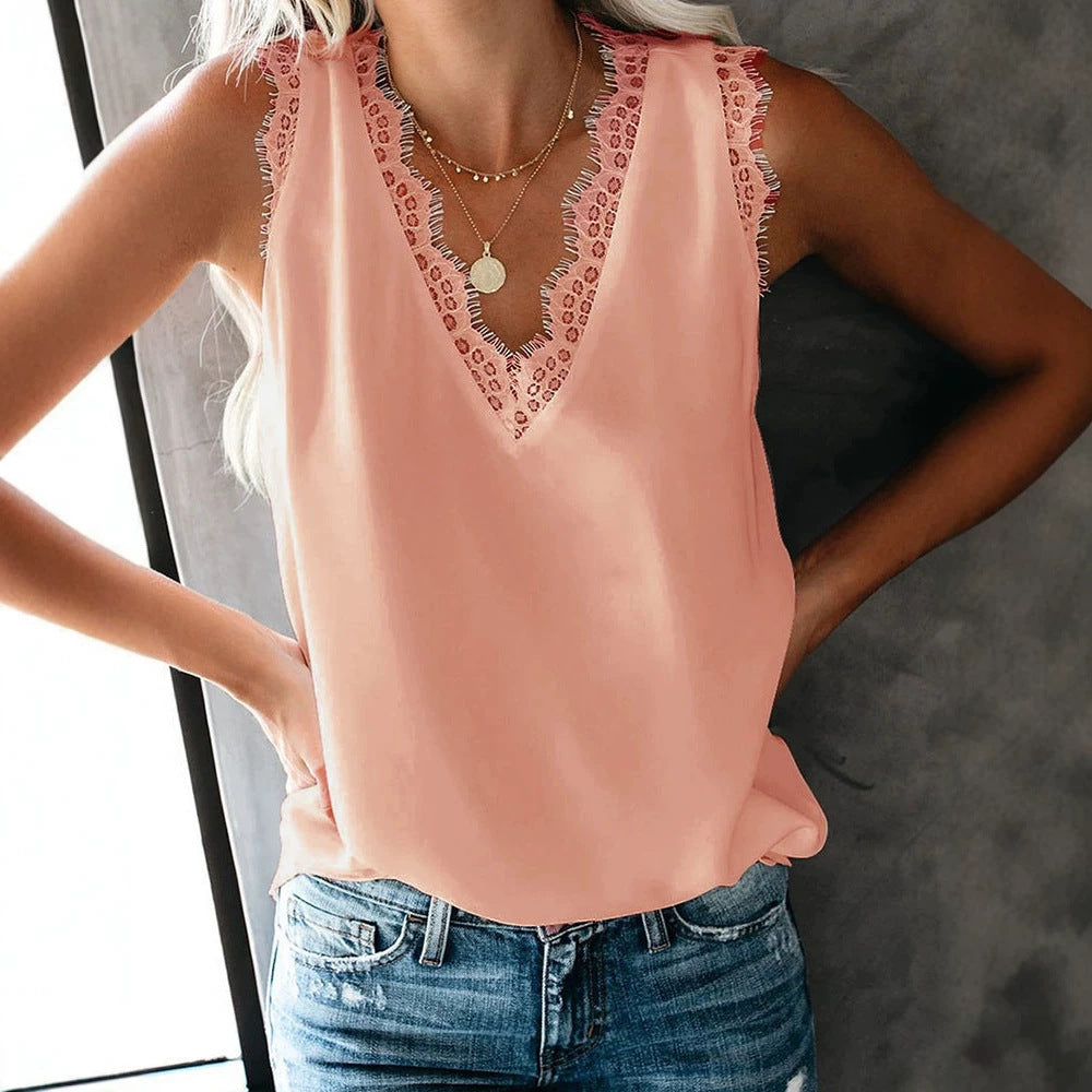 Women's Summer Loose Solid Color Lace Sleeveless Chiffon Women's T-shirt