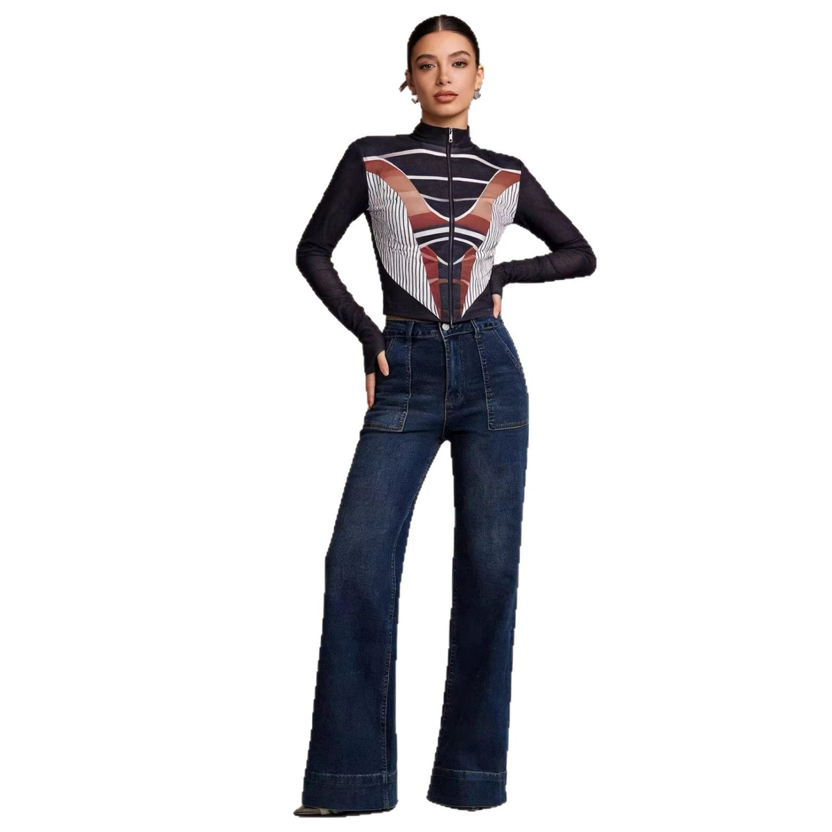 Women's Waist Wide Leg Leisure Loose Washed-out Jeans