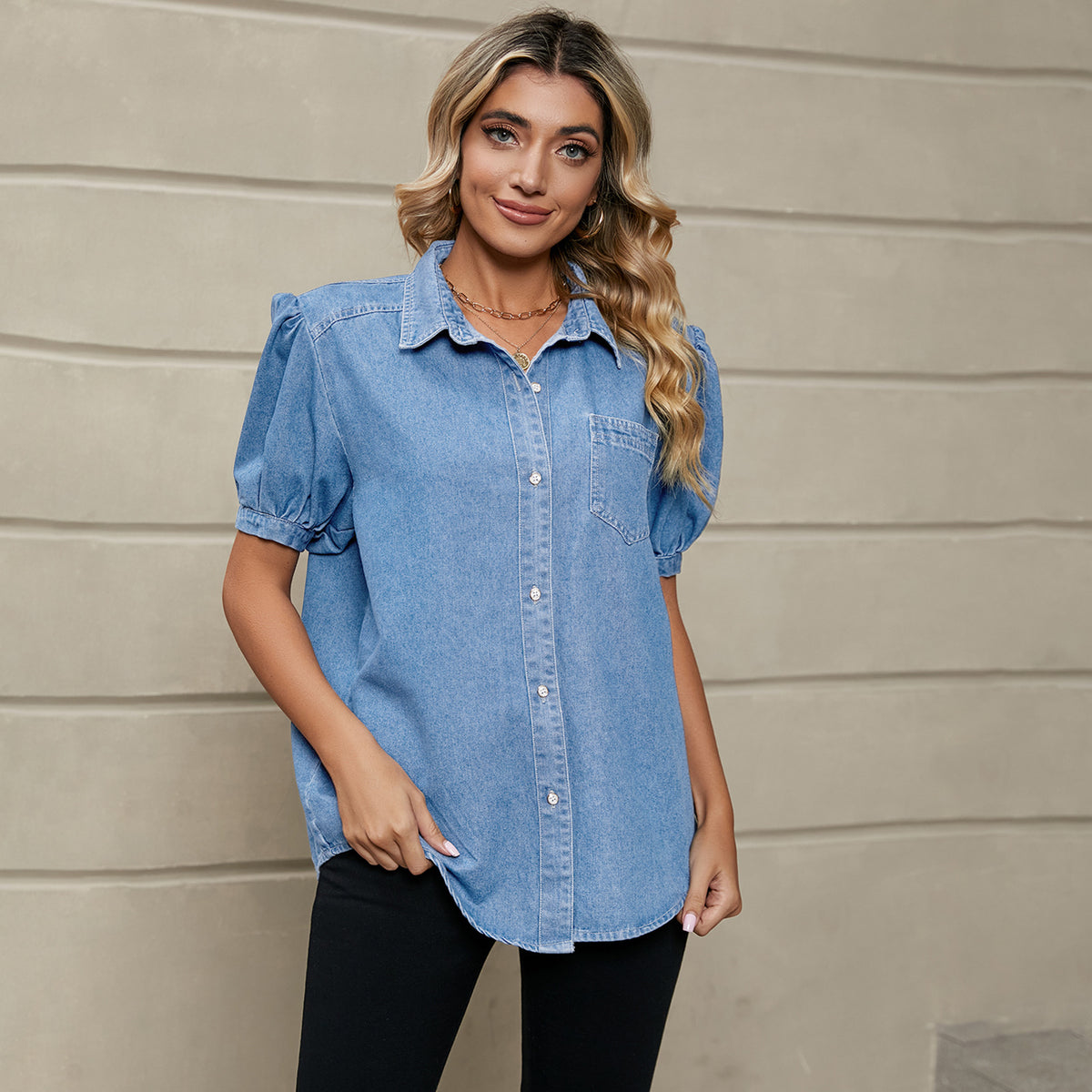 Women's Princess Sleeves Lapel Thin Denim Shirt Casual Tops