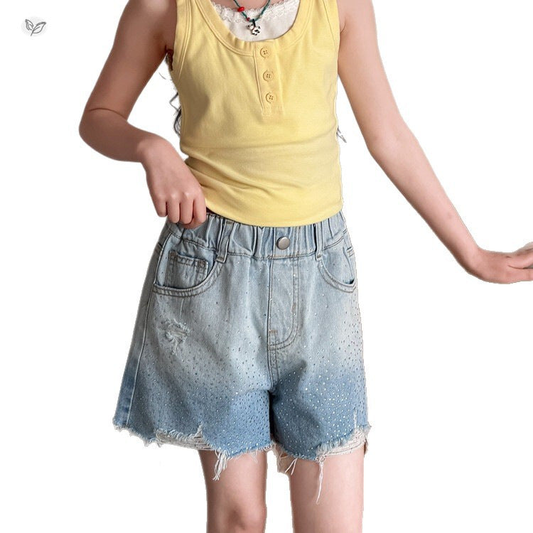 Rhinestone Gradient Denim Shorts Korean Style Ripped Slimming Children's Pants