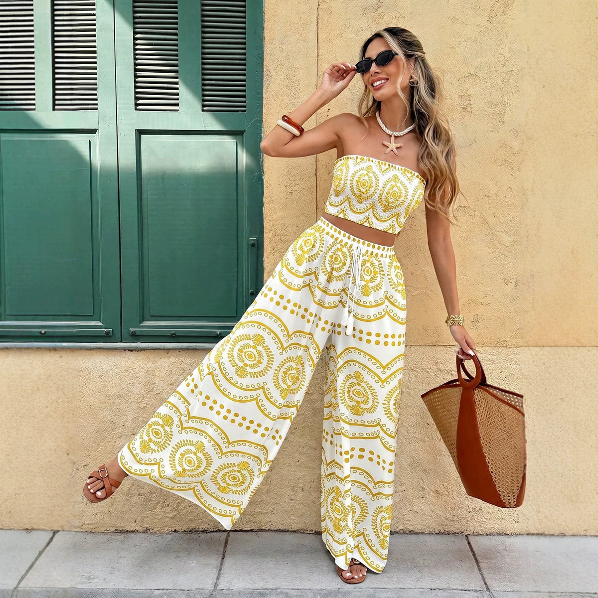 Women's Summer Bohemian Print Tube Wide Leg Suits