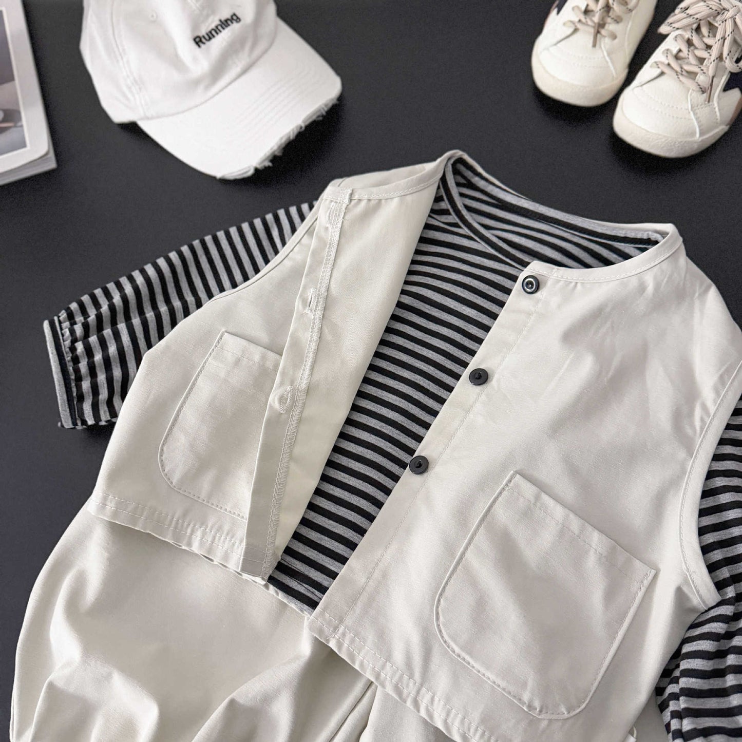 Children's Wear Striped Base Frock Vest Ankle Banded Pants Children's Suit