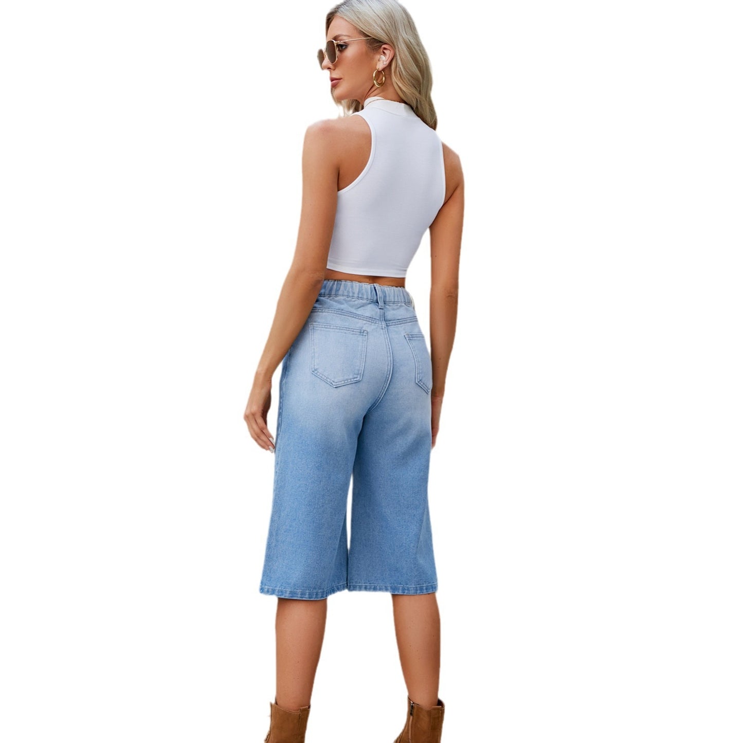 Women's Summer Washed Elastic Waist Denim Cropped Women's Jeans