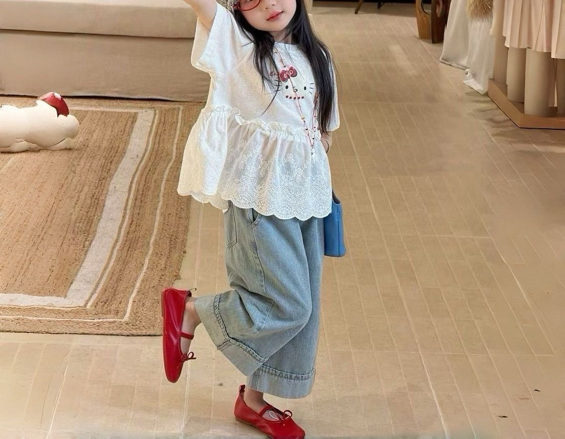 Children's Korean Set Summer Western Style Ruffled Short Sleeves Jeans Two-piece Children's Suit
