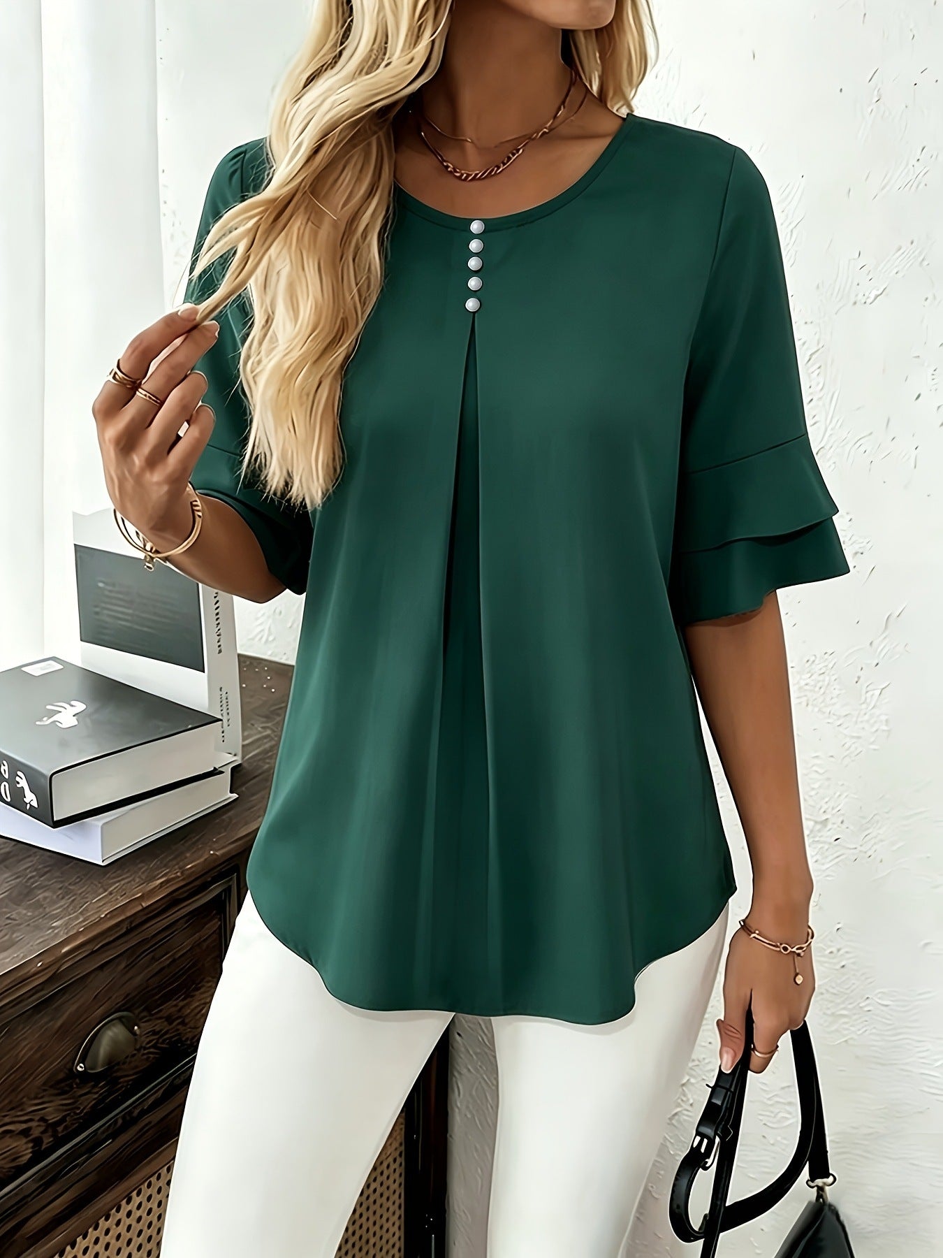 Women's Casual Comfortable Loose Slimming Double Layer Ruffled Blouse