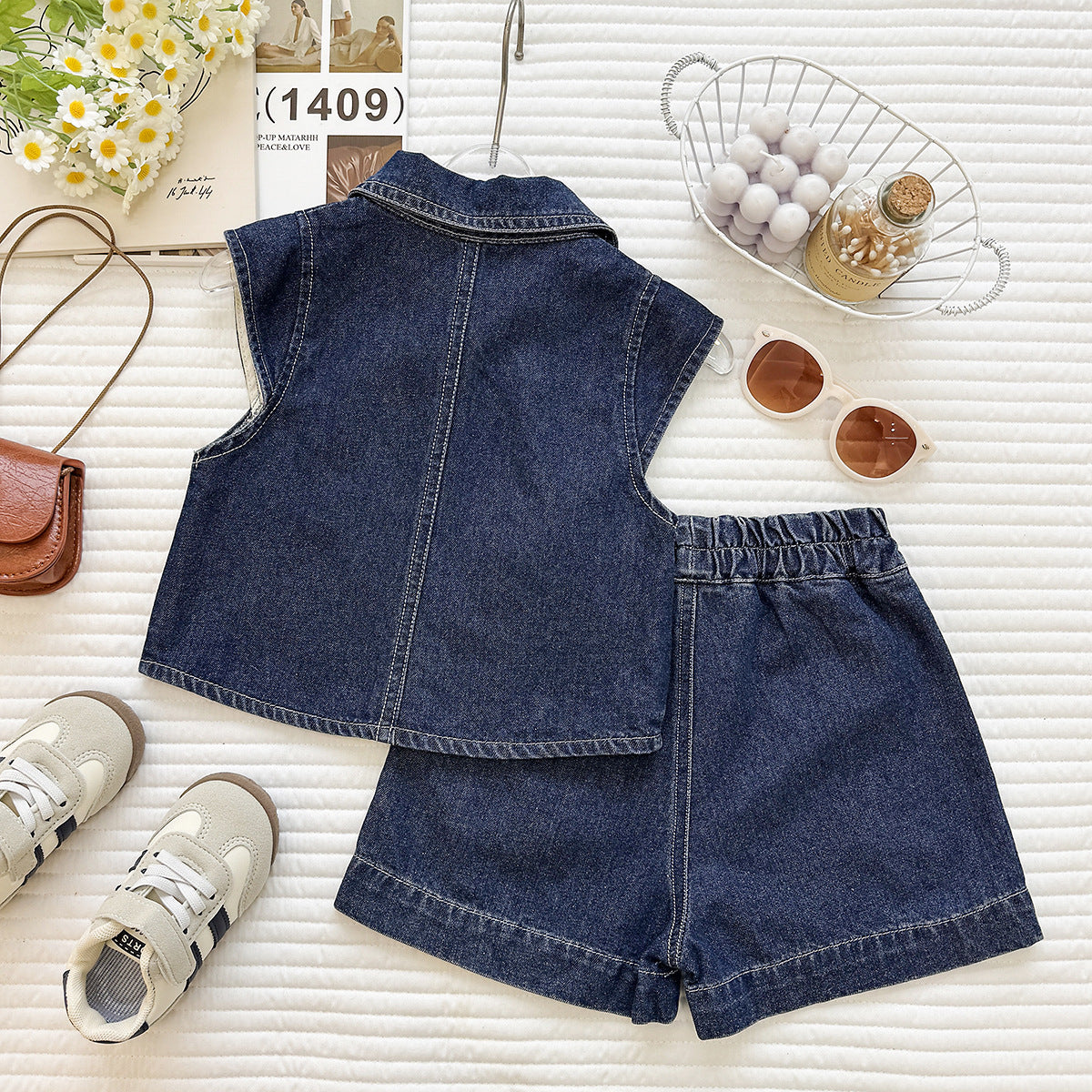Summer Korean Style Denim Sleeveless Shorts Two-piece Children's Suit