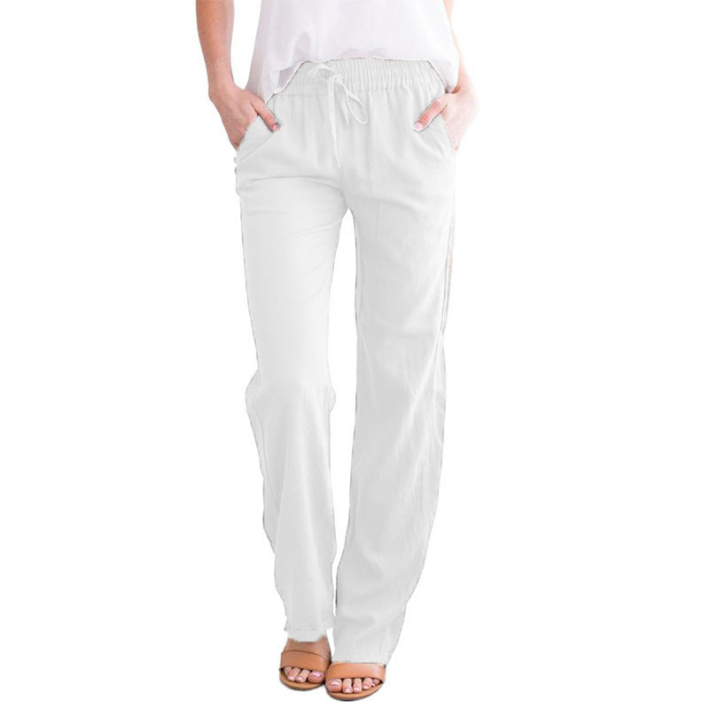Women's Solid Color Cotton Linen Drawstring Loose Casual Pants