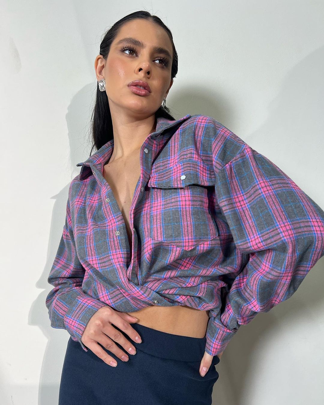 Women's Style Lapel Loose Shirt Plaid Long Sleeve Blouse