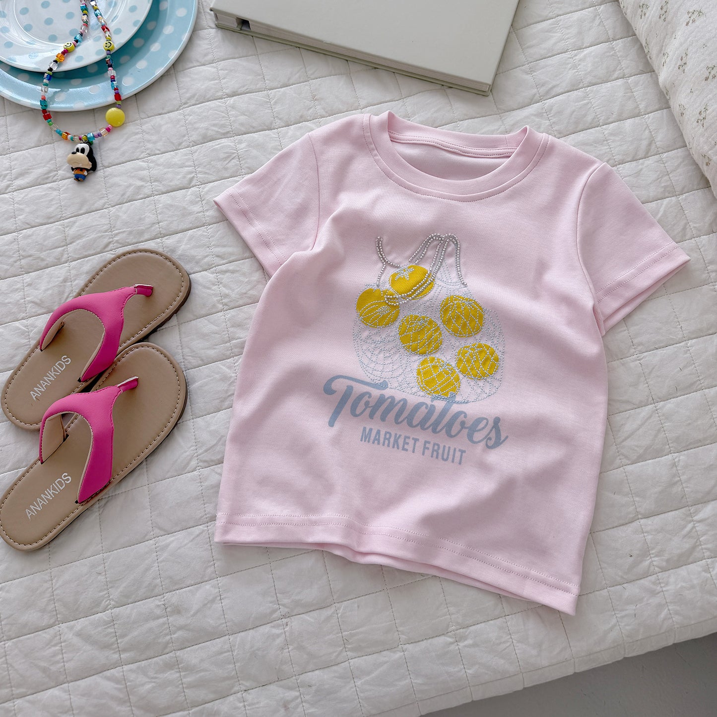 Children's Tide Cotton Short-sleeved Summer Fruit Spray Printing Pearl Embroidery Tops Children's T-shirt