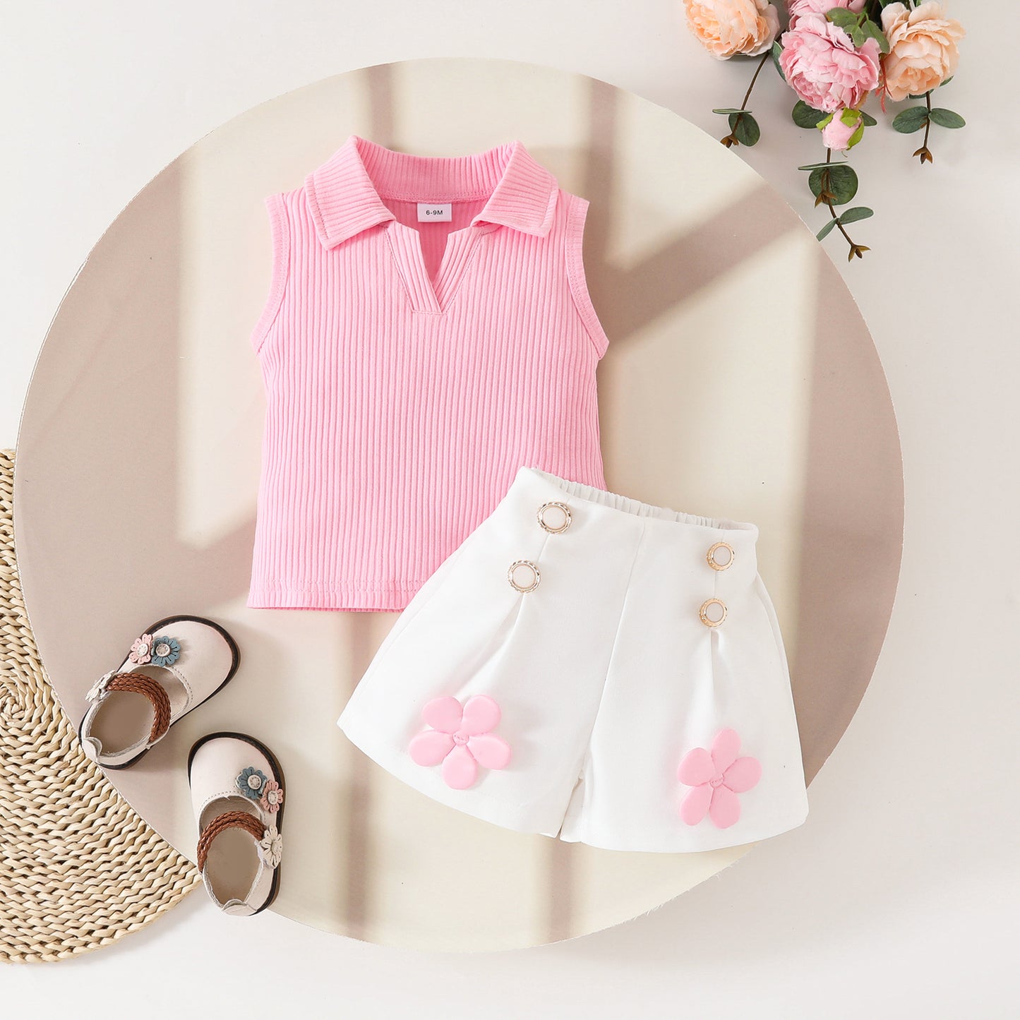 Sweet Toddler Sleeveless Lapel Open Chest Sunken Stripe Top Three-dimensional Children's Suit