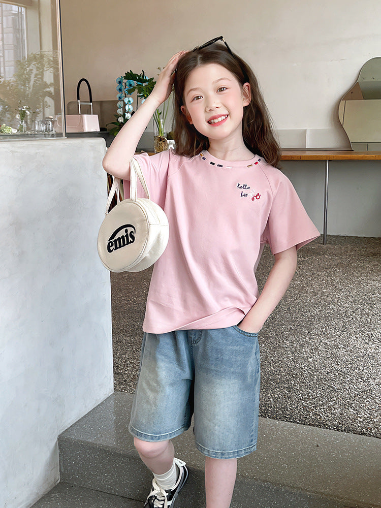 Children's Embroidery Short-sleeved Shirt Fashionable Teens Short Sleeve Clothes Children's T-shirt