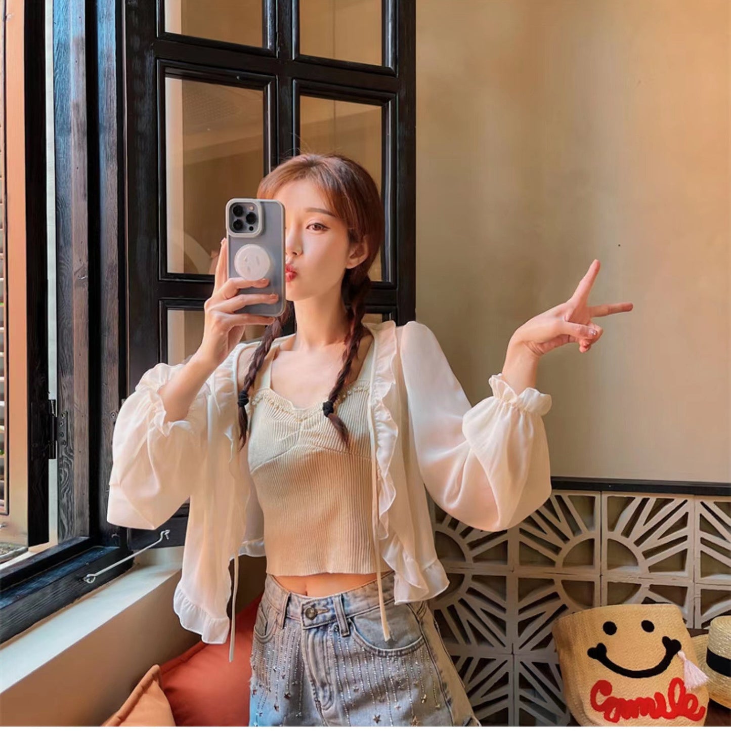 Women's Thin Summer Loose Long Sleeve With Suspender Distribution Strictly Lace Shirt, Chiffon Shirt