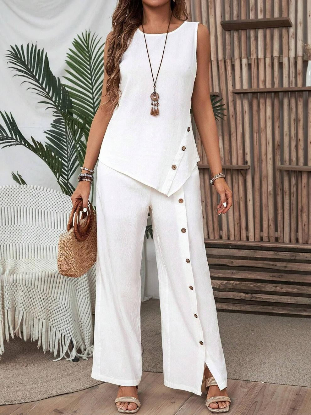 Women's Irregular Hem Trousers Button Half Sleeve Suits