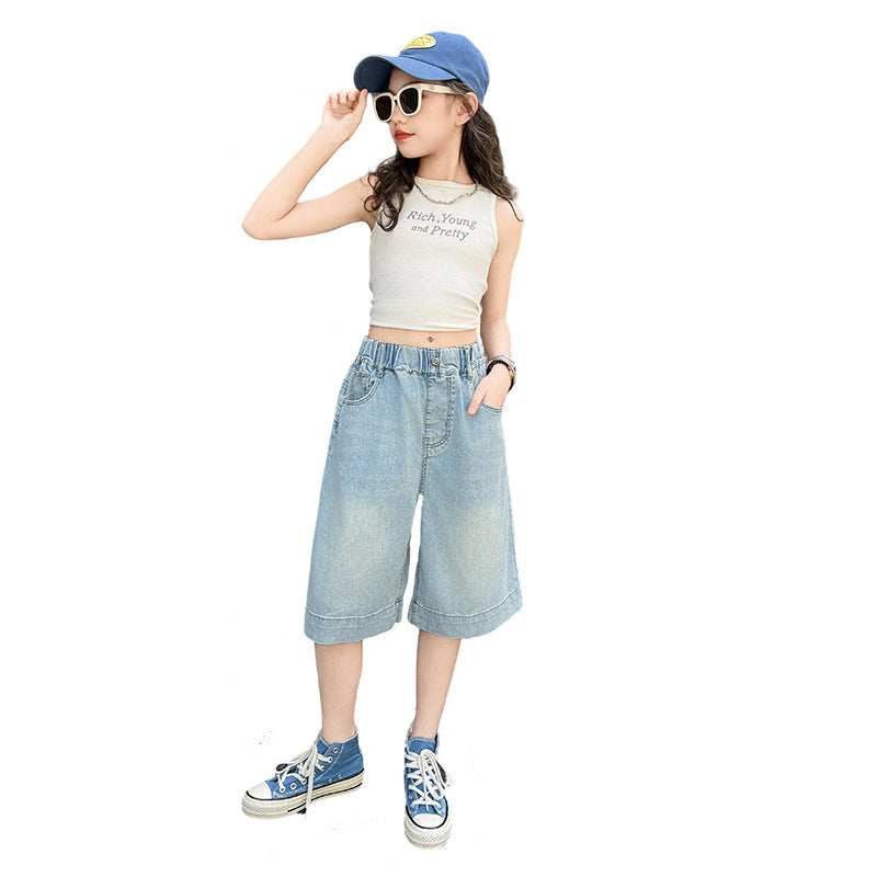 Jeans Korean Style Western Love Fifth Trendy Thin Looking Children's Pants