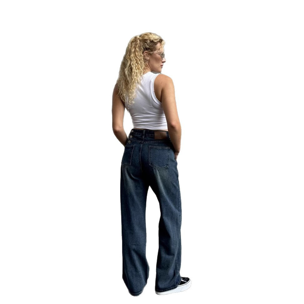 Women's Dark Blue Wide Leg High Waist Slimming Women's Jeans
