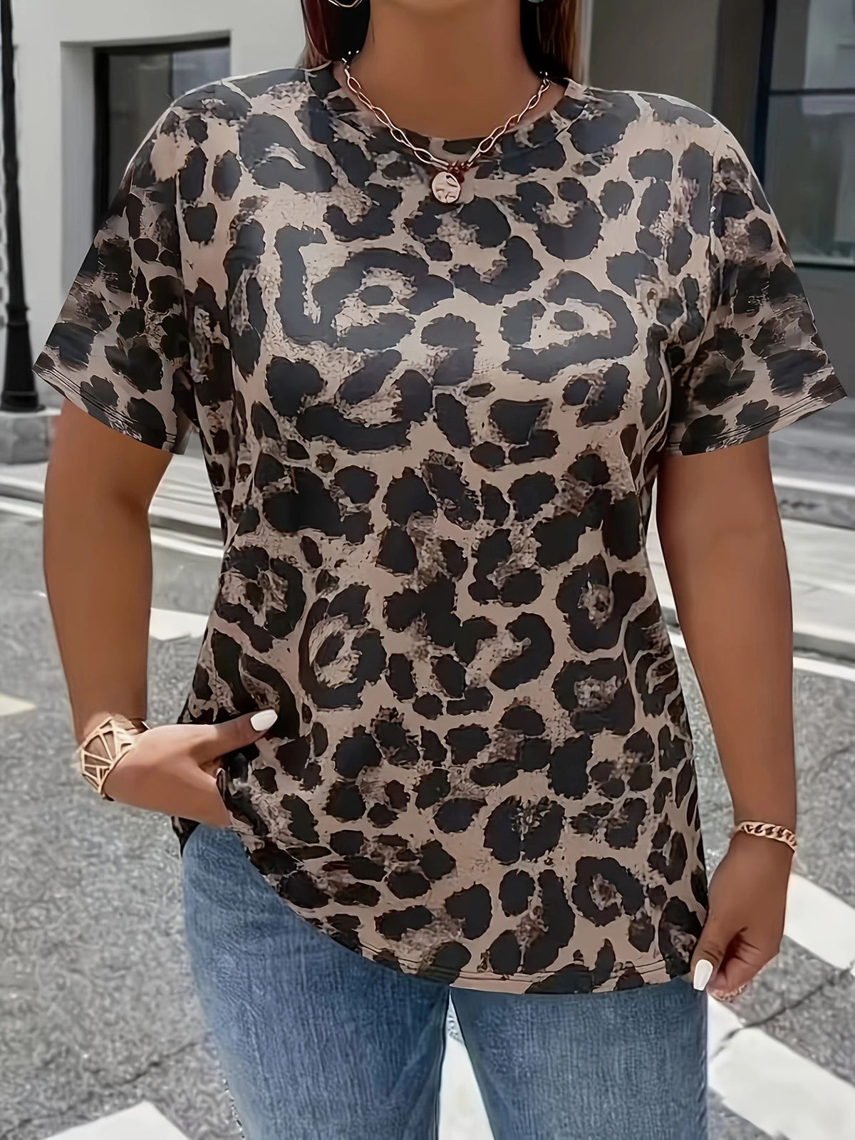 Women's Printed Split Sleeve Round Neck Pullover Large Size T-shirt