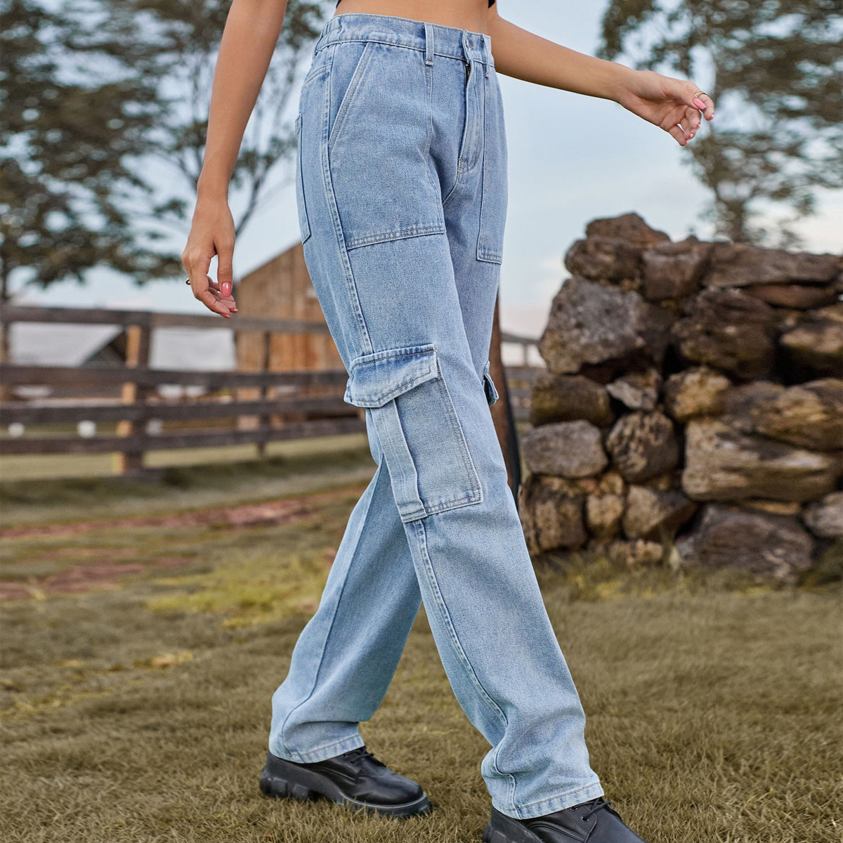 Women's American Retro Washed Design Personality Denim Cargo Women's Jeans