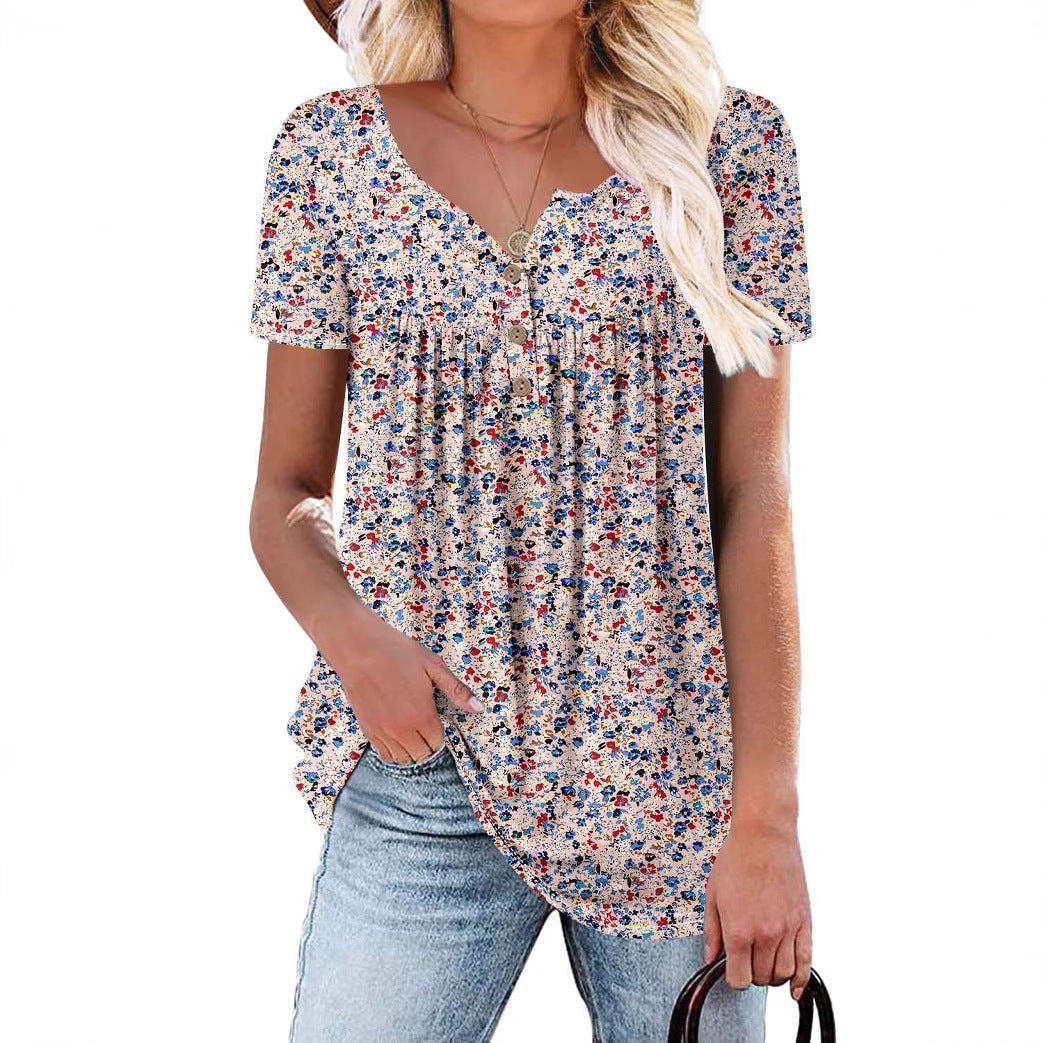 Summer Round Neck Button Small Floral Casual Women's T-shirt