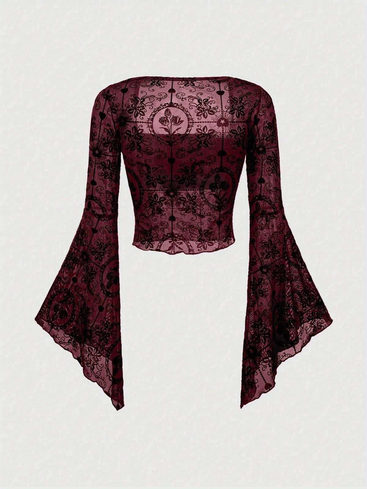 Sexy Mesh Long Sleeve Flared Sleeves Lace Shirt, Chiffon Shirt