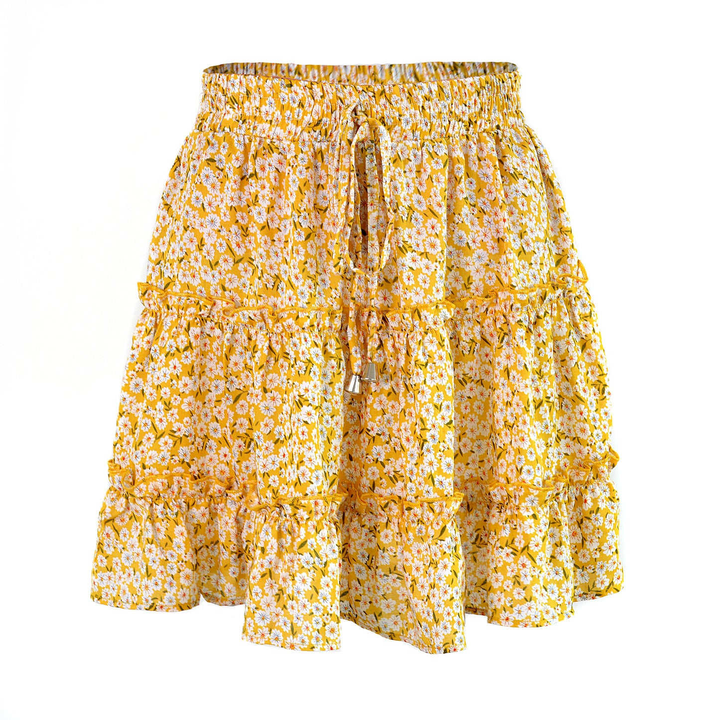 Women's Summer High Waist Ruffles Floral A- Line Skirt