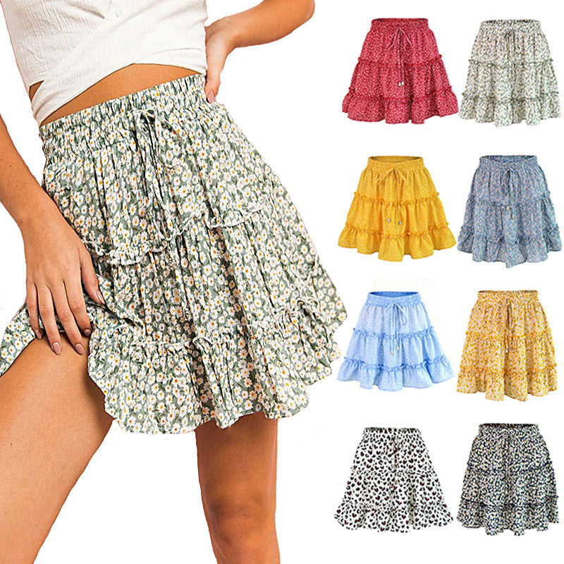 Women's Summer High Waist Ruffles Floral A- Line Skirt