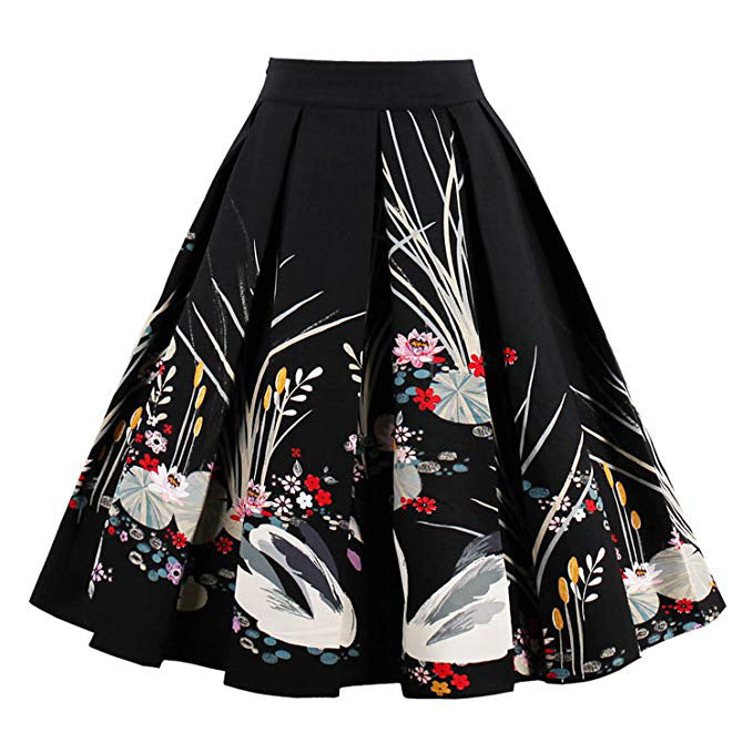 Print A- Line Pleated Cotton High Waist Skirts