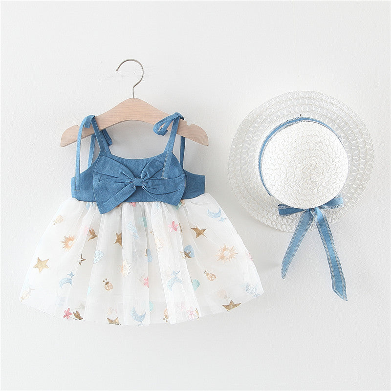 Suspender With Big Bow On Chest Princess Beach Hat For Children's Dress