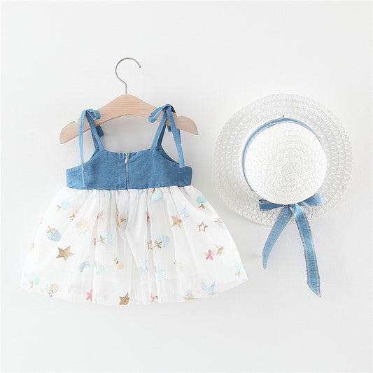 Suspender With Big Bow On Chest Princess Beach Hat For Children's Dress