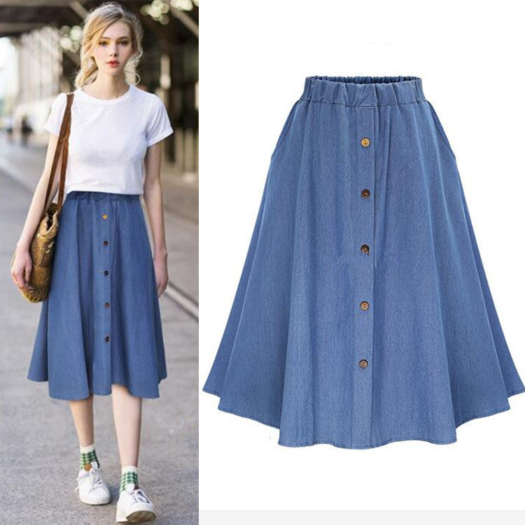 Women's Denim Loose Summer A- Line Button Stretchy Skirts