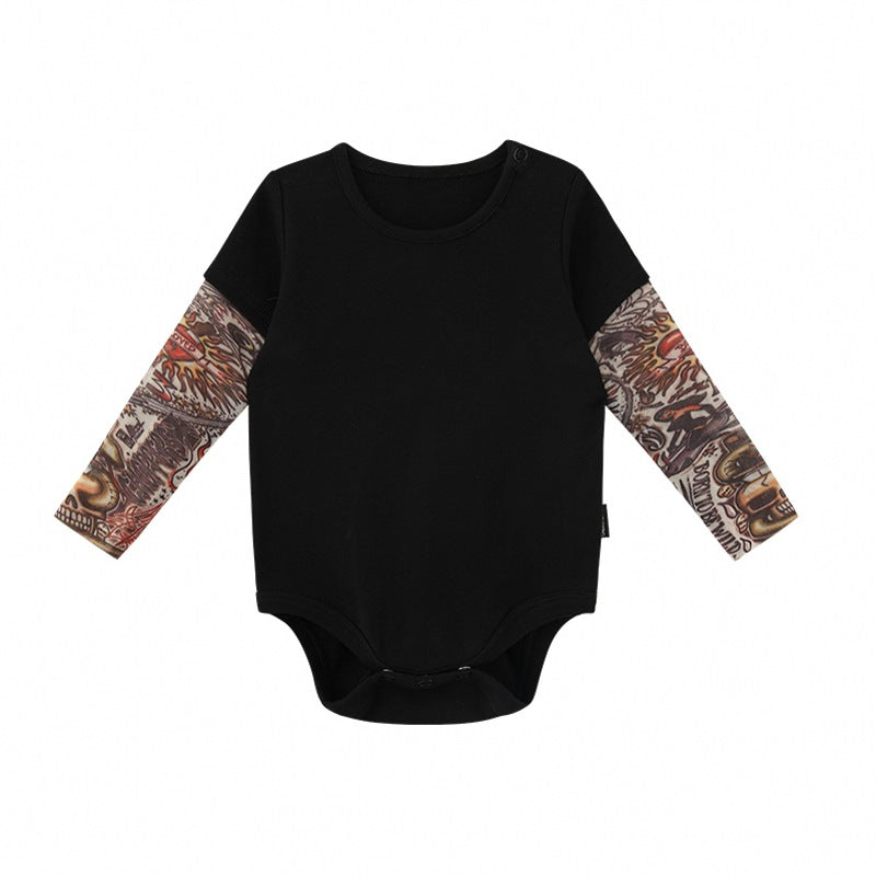 Fake Two-piece Tattoo Sleeve Romper Cotton Boy Triangle Jumpsuit, Climbing Suit