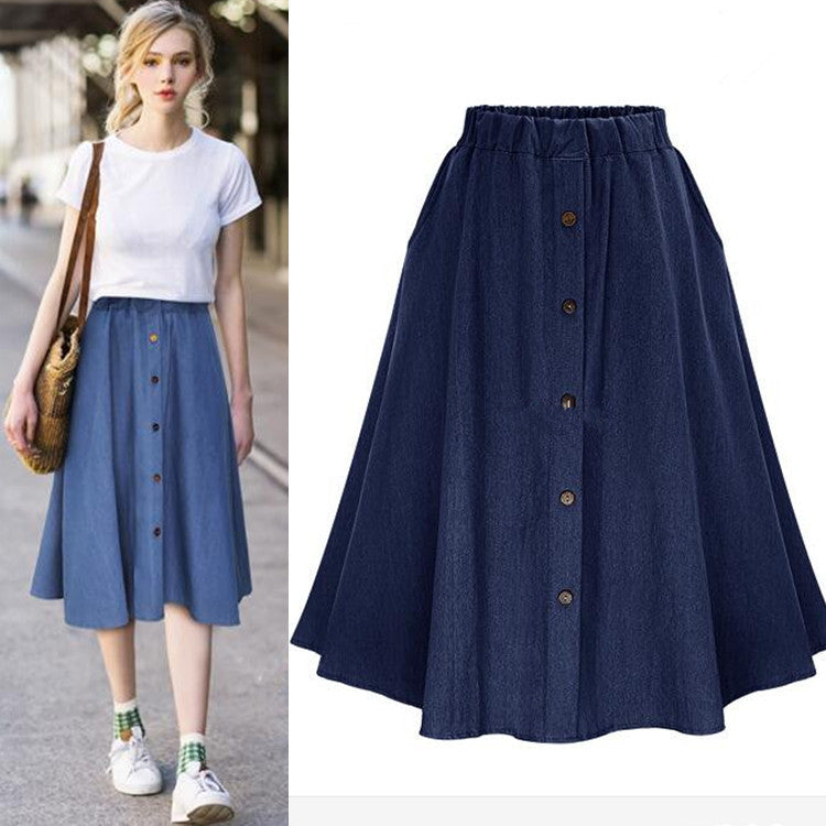 Women's Denim Loose Summer A- Line Button Stretchy Skirts