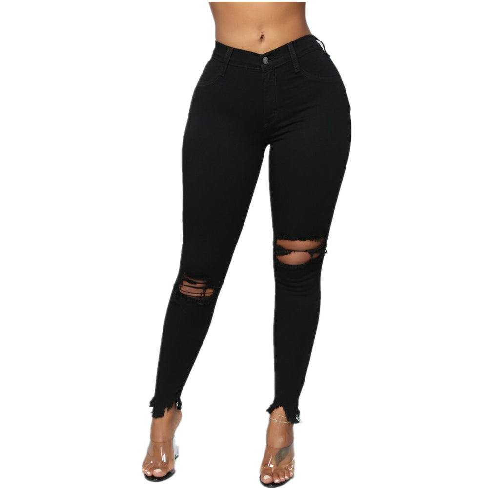 Women's Summer Solid Color Ripped Trousers Women's Jeans