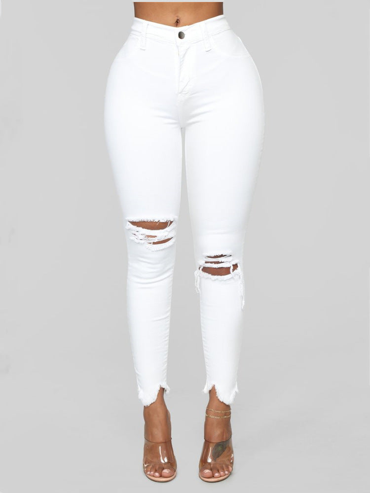 Women's Summer Solid Color Ripped Trousers Women's Jeans